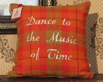 Harris Tweed Cushion in a 'Jazzy' Orange Check, Embroidered with 'Dance to the Music of Time'