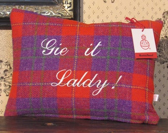 Harris Tweed Cushion in a Bright Red and Blue Check with 'Gie it Laldy' Embroidered, Scottish for Give it All You've Got!