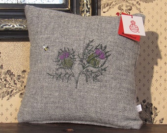 Harris Tweed Cushion Embroidered with Scottish Thistles and a Wee Bumble Bee over a Charming Charcoal Grey Weave