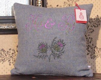 Harris Tweed Cushion with Embroidered Personalised Monograms and Scottish Thistles over a Deep Sea Blue Weave