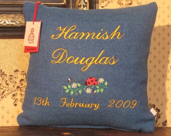 Harris Tweed Cushion in a Blue Green Teal Herringbone, with an Example of Personalised Embroidery