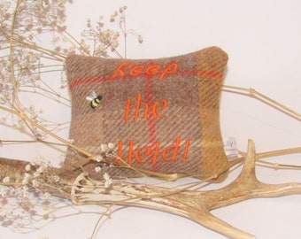 Harris Tweed Mini Lavender Cushion in a Bright Orange and Beige Check with 'Keep the Heid' Embroidery, Scottish for 'Stay Calm!'