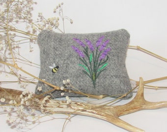 Harris Tweed Mini Lavender Cushion in Charcoal Grey and Deep Green with Embroidered Lavender Flowers and Bee