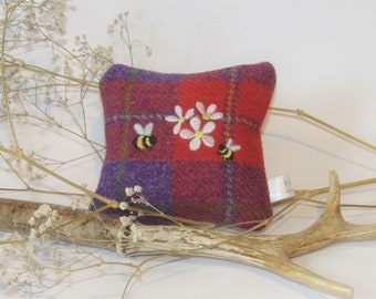 Harris Tweed Mini Lavender Cushion in a Bright Red Check Embroidered with Daisy Flowers and Two Buzzy Bees!