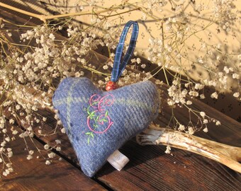 Harris Tweed Lavender Heart with Personalised Monogram over a Bright Bonnie Blue Check