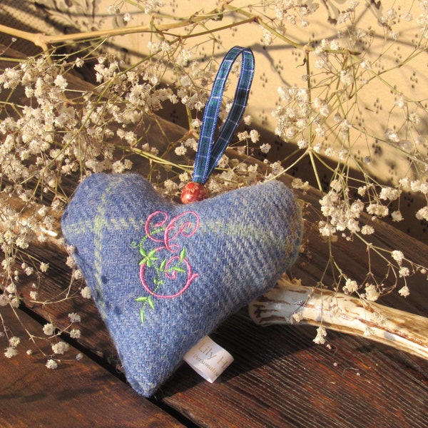 Harris Tweed Lavender Heart with Personalised Monogram over a Bright Bonnie Blue Check