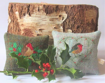 Harris Tweed Two Lavender Mini Cushions with Robins and holly.