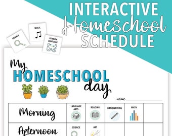Op de afbeelding: Een printbare thuisschoolschema met een kleurrijke titel "My Homeschool Day" en een raster met vakkoppen zoals "Taalkunst", "Lezen", "Schrijven", "Wiskunde", "Wetenschap" en "Kunst".