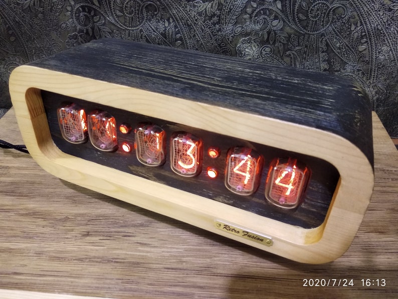 Nixie tube clock in pine case. Symphony12. Retro alarm clock. Etsy