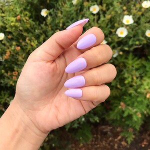 Peut inclure: Un ensemble de cinq faux ongles en forme de stiletto de couleur lavande.
