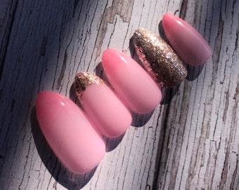 Pink Press on nails - Gold nails - Wedding nails - Ombré False nails - Artificial nails - Party nails - Reusable nails