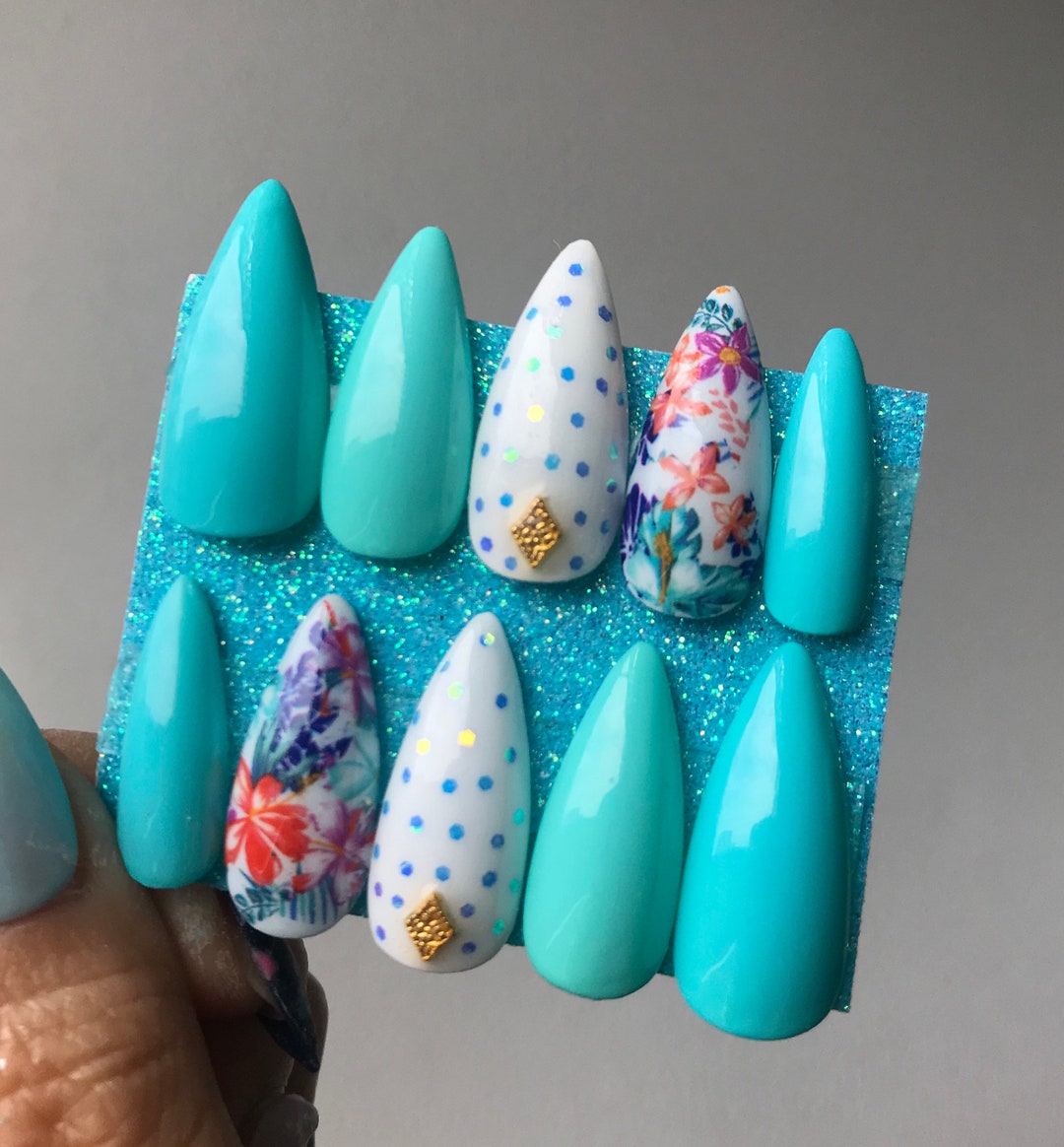 Summer Nails Beach Stick On Nails Blue Press On Nails Etsy