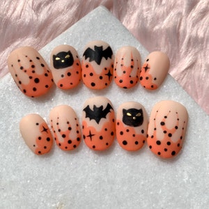 Halloween press on nails - Spooky stick on nails - Cat nails - Party nails - Flame nails - Orange nails - Black nails - Party nails