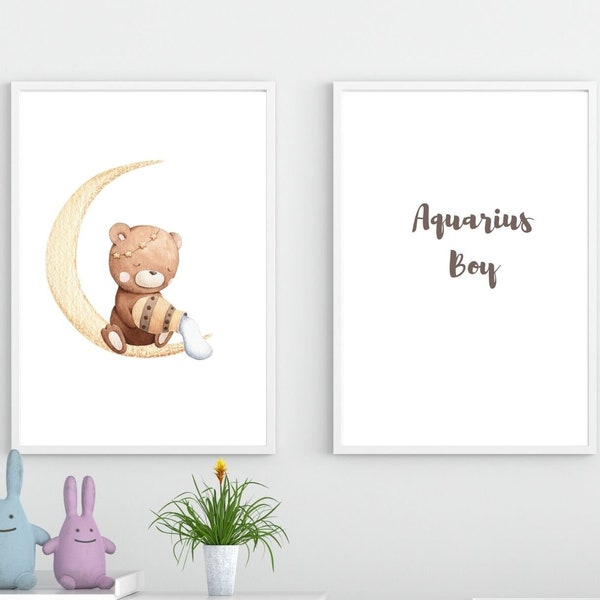 Minimalist Nursery, Aquarius Boy 3 piece art set, Bear Zodiac Nursery set, Bear Moon watercolor art, Instant download art, printable artwork