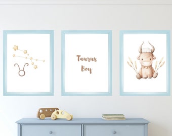 Taurus 3 piece nursery set, Digital Download Taurus, Constellation art, Taurus wall art, Zodiac Baby nursery art, Watercolor wall art