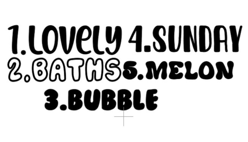 May include: Black and white text on a white background. The text reads: 1. Lovely 2. Baths 3. Bubble 4. Sunday 5. Melon