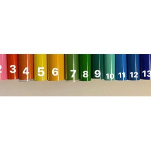 May include: A row of 14 colorful markers numbered 1 through 14. The markers are arranged in a rainbow pattern, starting with pink and ending with purple.