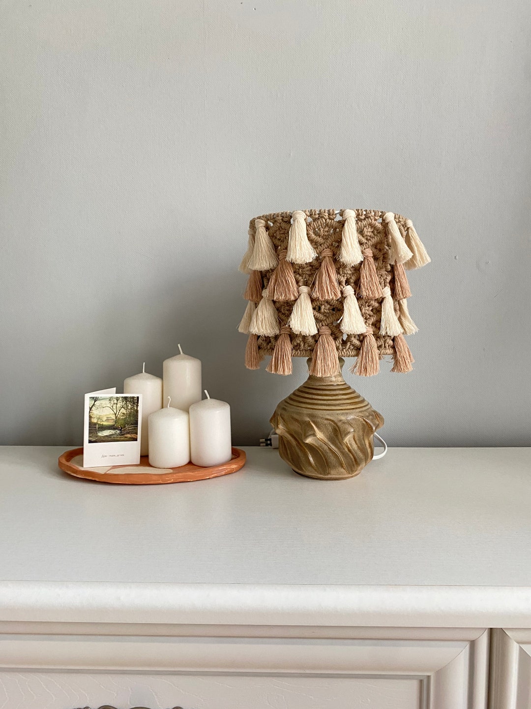 Boho Table Lamp, Macrame Lampshade, Tassel Lamp Cover, Nursery Lighting ...