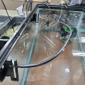 May include: A black hose is attached to a black bracket on the side of a glass aquarium. The hose is curved and runs along the top of the aquarium. The hose is wet and has water droplets on it.