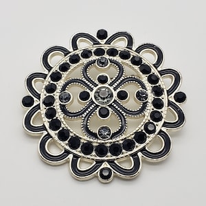 Vintage Black Crystal And Enamel Openwork Circle Statement Brooch, Silver Tone Black Crystal Rhinestone Brooch Jewelry