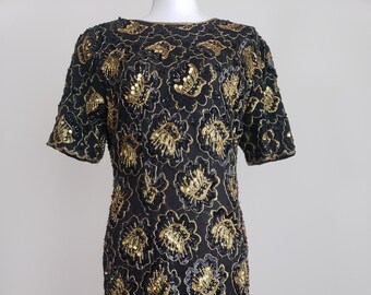 STENAY Black and Gold Beaded Dress, Vintage 1980’s Black Beaded Cocktail Dress, 80’s Short Sleeve Beaded Sheath Dress