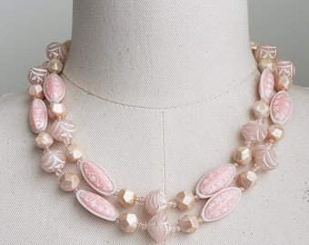 Vintage Two Strand Fancy Pink And Light Gold Beaded Statement Necklace, Mid Century Fancy Clasp HONG KONG Signed Unique Necklace Jewelry