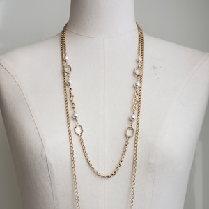Vintage Bezel Set Clear Crystal And Faux Pearl Necklace, Layeted Crystal 35&#39; Gold Chain Necklace Jewelry