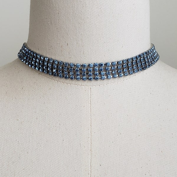 Vintage Blue Crystal Rhinestone Four Strand Choker Necklace, Adjustable Four Strand Cornflower Blue Crystal Choker Necklace Jewelry