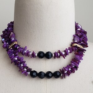Vintage Purple Mother Of Pearl Two Strand Beaded Necklace, Purple Dyed MOP Statement Necklace Jewelry