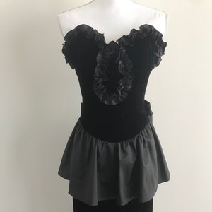 1980s Scott McClintock Black Velvet Peplum Dress with Waterfall Bow