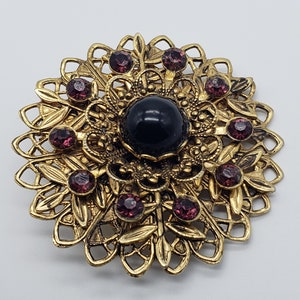Vintage Ornate Purple Glass Cabochon And Amethyst Crystal Brooch, Amethyst Purple Tiered Openwork Gold Tone Filigree Brooch Pin Jewelry