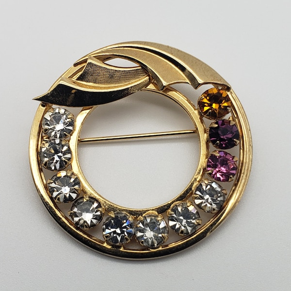 Vintage Catamore 12K Gold Filled Circle Crystal Brooch, 1960s 1/20 12k GF Sparkly Rhinestone Pin Mid Century Jewelry