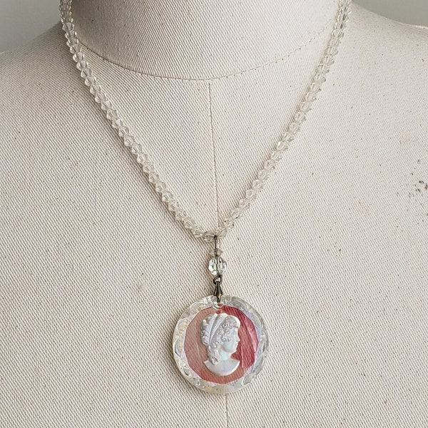 Vintage Iridescent Reverse Intaglio Crystal Cameo Pendant Necklace, AB Cameo Crystal Chain Beaded Necklace Jewelry