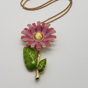 Vintage Pink And Green Enamel Crystal Flower Pendant Necklace, Large Enamel MOD Flower Statement Pendant Gold Filled Chain Necklace Jewelry