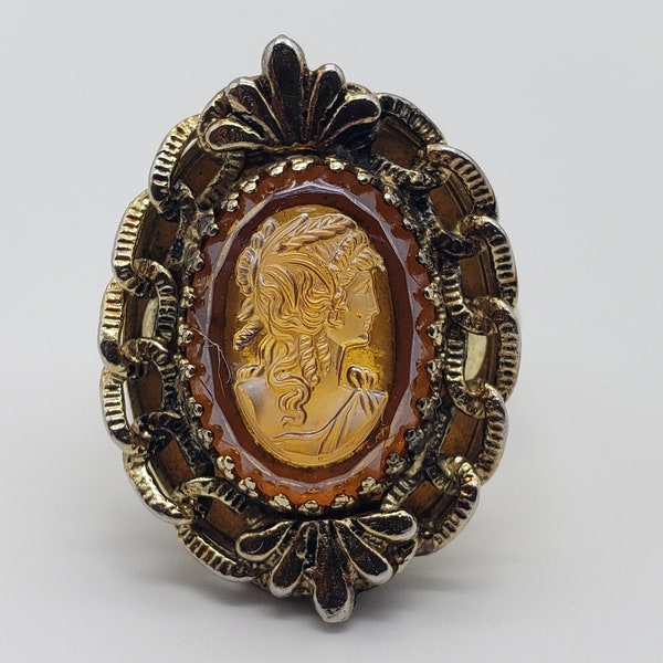 Vintage Whiting & Davis Amber Glass Cameo Ring, Vintage Cameo Statement Ring Jewelry Size 8