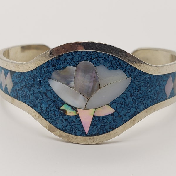 Alpaca Mexico Silver Cuff Bracelet, Mother of Pearl, Abalone, Turquoise And Sodalite Chip Cuff Bracelet Jewelry