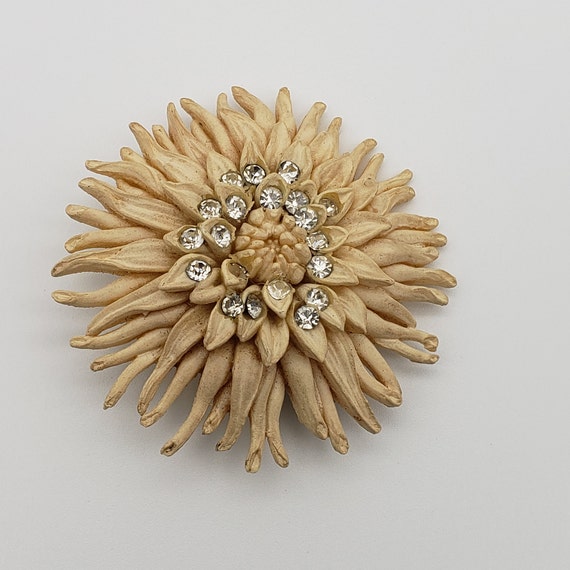 1930's Carved Beige Celluloid Floral Rhinestone B… - image 1