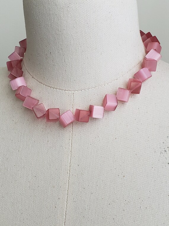 Vintage Pink Moonglow Glass Cube Beaded Necklace,… - image 4