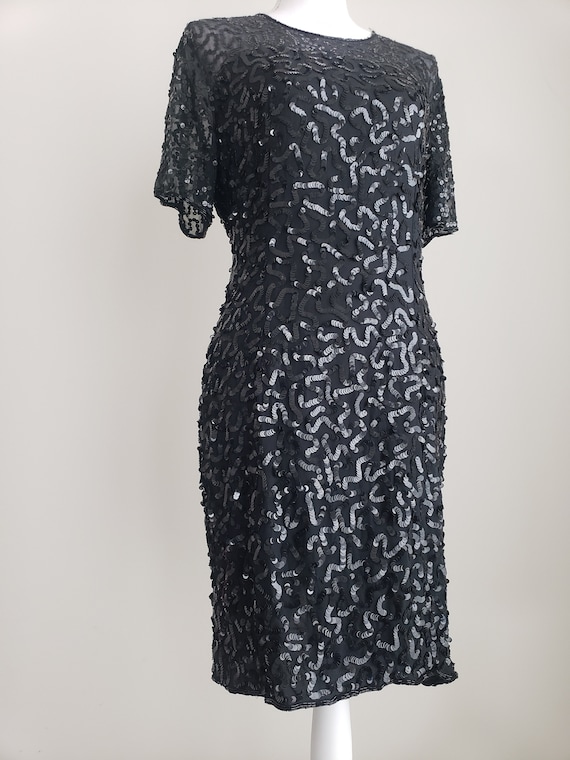 STENAY Black Silk Sequins Dress, Vintage 1980’s Bl