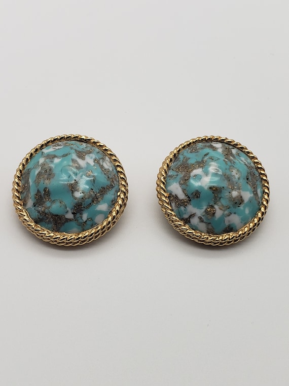 Vintage KRAMER Turquoise Art Glass Circle Earring… - image 3