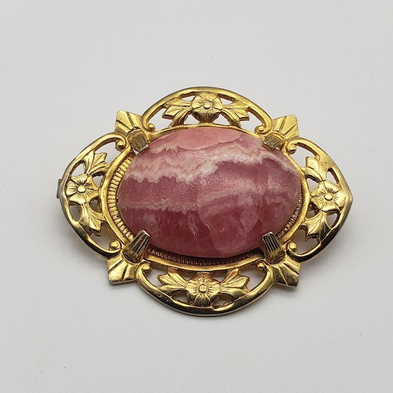 Vintage Agate Brooch Pin, Rose Pink Agate Stone Ca