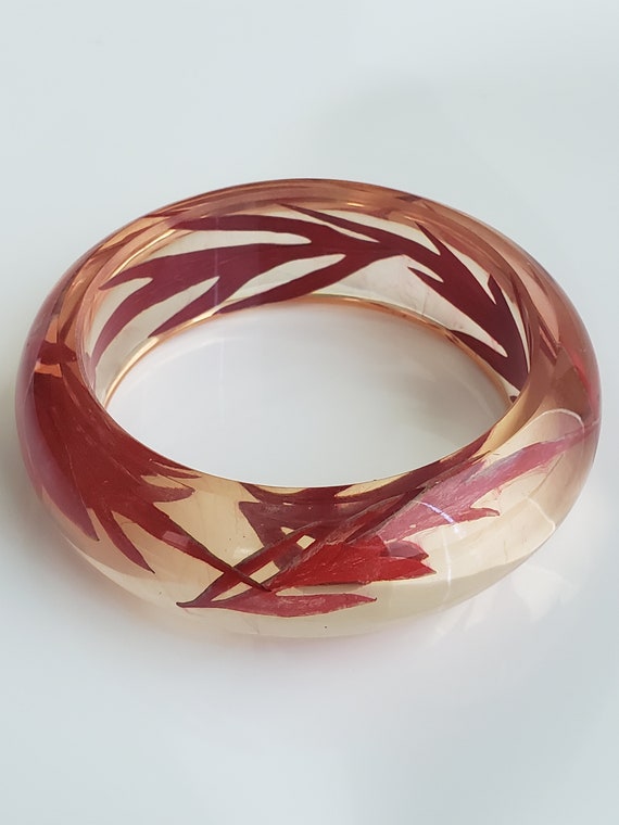 Vintage Lucite Reverse Carved Red Leaf Bracelet, R