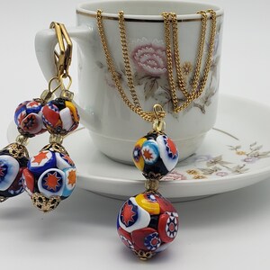 Millefiori Glass Bead Pendant Gold Chain Necklace And Earrings, Vintage Murano Italy Moretti Millefiori Glass Beads Jewelry Set