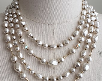 Vintage 1950s JAPAN Ivory Pearl And Aurora Borealis Crystal Gold Filigree Beaded Four Strand Necklace, Pearl Crystal Bridal Wedding Jewelry