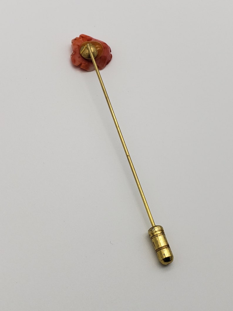 Antique Angel Skin Coral Rose Stick Pin Victorian Carved Flower Gold Filled Lapel Pin