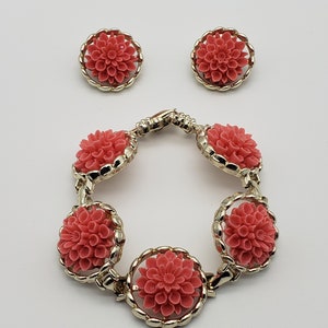 Vintage Emmons Faux Coral Floral Link Bracelet And Clip On Earring Set, 1950&#39;s Carved Celluloid Jewelry Set