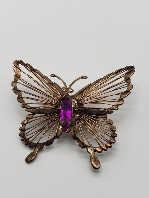 Vintage Gold Wire Purple Stone Butterfly Brooch, G