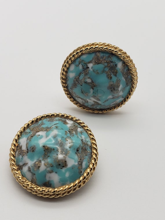 Vintage KRAMER Turquoise Art Glass Circle Earring… - image 5