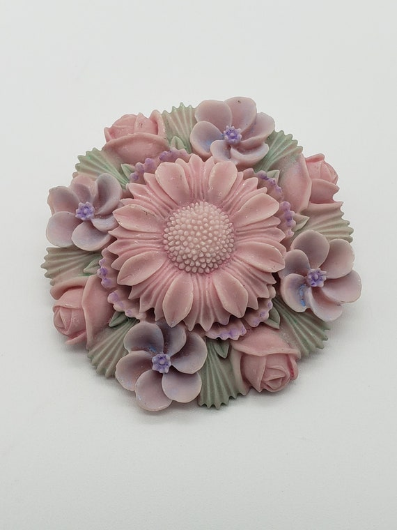 Vintage Pink Purple And Green Molded Plastic Flora