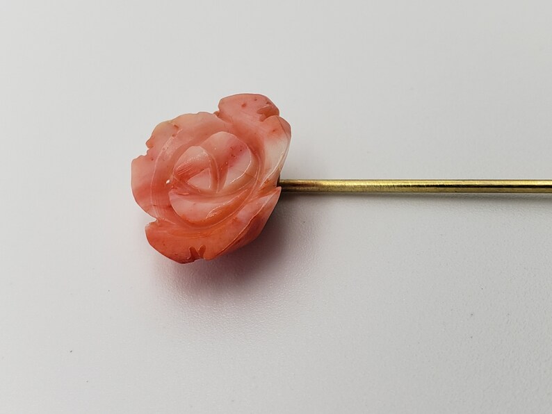 Antique Angel Skin Coral Rose Stick Pin Victorian Carved Flower Gold Filled Lapel Pin